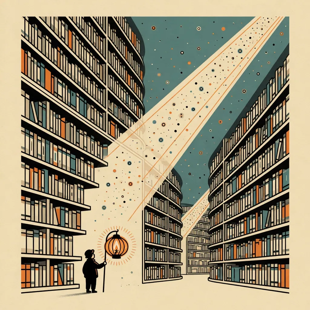 Illustration of a small figure with a lantern in a canyon of towering library shelves