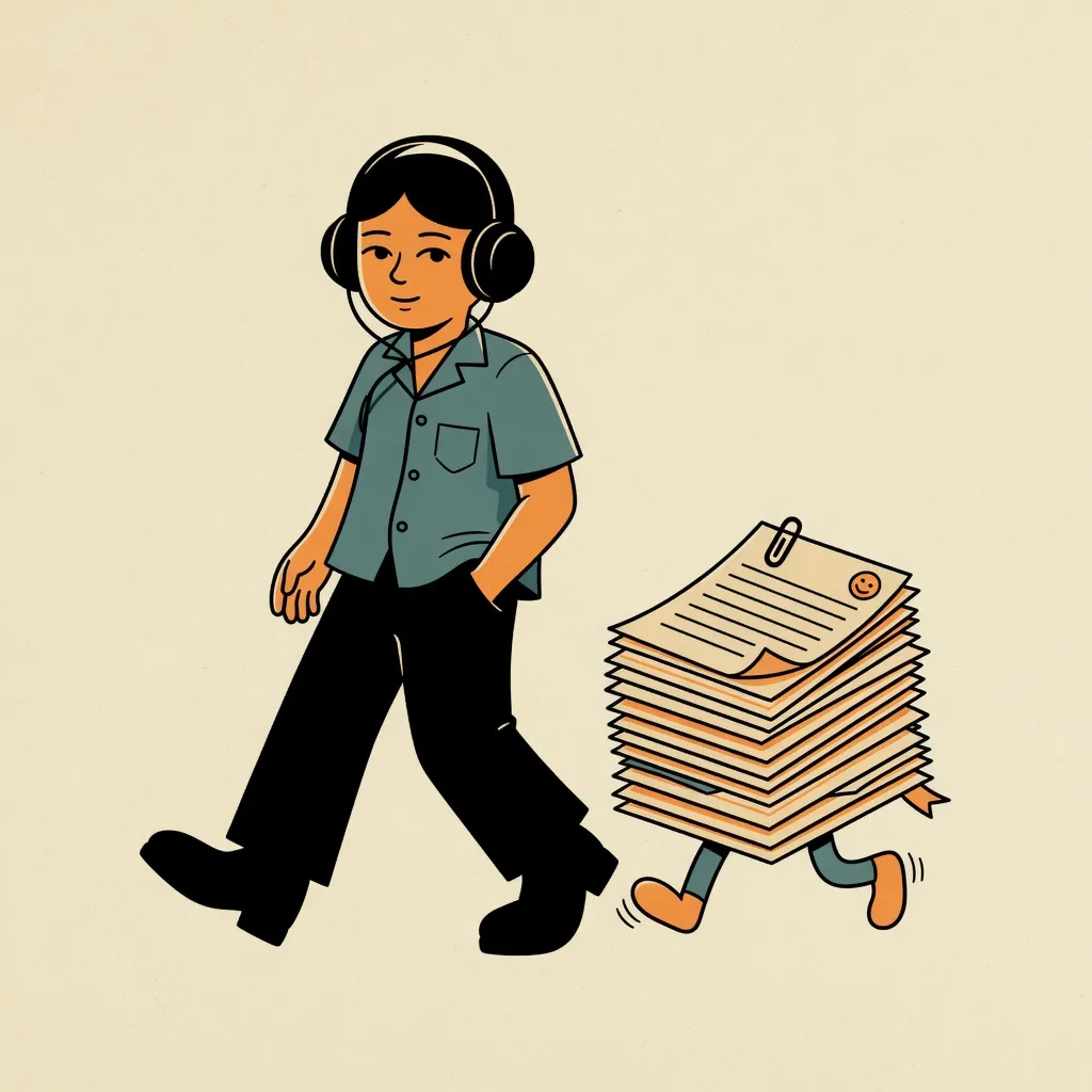 Illustration of a relaxed person in headphones walking ahead of a stack of papers on little legs