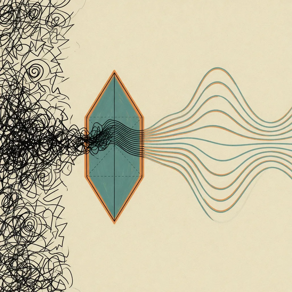 Illustration of tangled scribbles passing through a prism and emerging as smooth sound waves